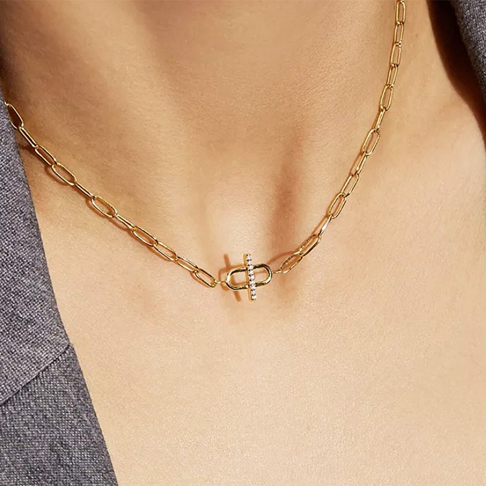 14K Gold Filled Pendant Choker Necklace  Cross Link Chain CZ Gemstone Necklace G